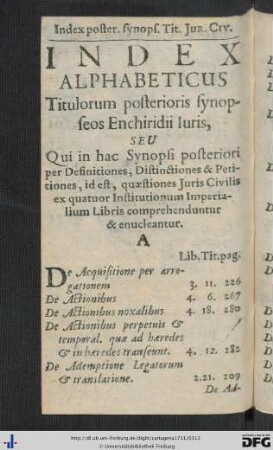 Index Alphabeticus Titulorum posterioris synopseos Enchiridii Iuris.