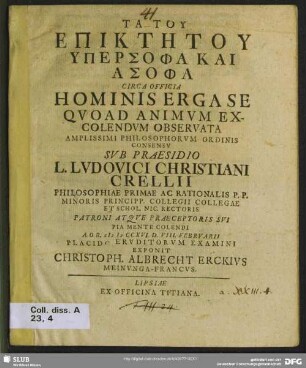 Ta tu Epiktētu Hypersopha Kai Asopha Circa Officia Hominis Erga Se Quoad Animum Excolendum Observata