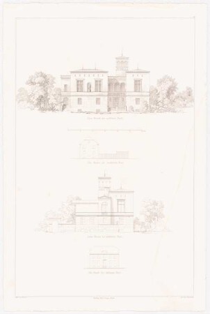Architektonische Entwürfe für den vorhandener Gebäude, Potsdam 1845-49. Die Villa Schöningen an der Glienicker Brücke, Potsdam Umbau: Tafel 16. Alte und neue Fassaden