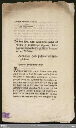 Des Heil. Röm. Reichs Churfürsten, Fürsten und Stände zu gegenwärtiger allgemeiner Reichsversammlung bevollmächtigte Räthe, Bothschafter und Gesandte, ... : Dictatum Ratisbonae, die 18. Jan. 1798. per Morguntinum