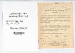 Entnazifizierung Heinrich Kraemer , geb. 22.08.1888 (Landwirt)