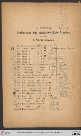 II. Abtheilung: Antiquitäten und kunstgewerbliche Arbeiten (Nr. 208 - 465)