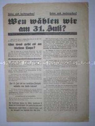 Propagandaflugblatt der DNVP zur Reichstagswahl im Juli 1932 u.a. zur Programmatik anderen Parteien