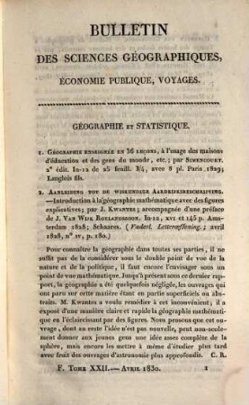 Bulletin universel des sciences et de l'industrie. Section 6, Bulletin des sciences géographiques. 22. 1830