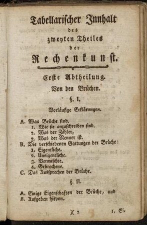 Tabellarischer Innhalt des zweyten Theiles der Rechenkunst.