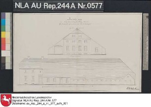 Giebelansicht und Längenansicht vom Platzgebäude der Domäne Uplewarder Grashaus bei UPLEWARD Zeichnung von NN. Papier Format 45,3x27,5 M 1:130
