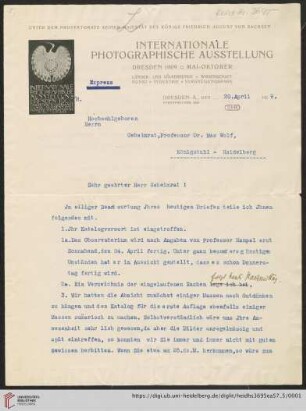 Brief von Internationale Photographische Ausstellung Dresden an Max Wolf: Brief von Internationale Photographische Ausstellung Dresden an Max Wolf