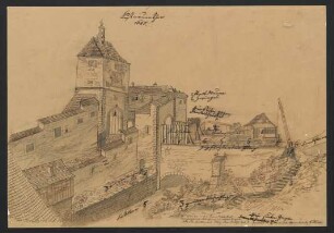 Tübingen. Lustnauer Thor 1680 von Nordost : Tuschezeichnung