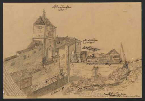 Tübingen. Lustnauer Thor 1680 von Nordost : Tuschezeichnung