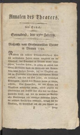 6tes Stück. Sonnabend, den 23sten Februar