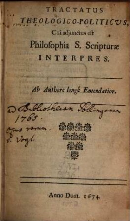 Tractatus theologico-politicus : continens dissertationes aliquot, quibus ostenditur, libertatem philosophandi ... posse concedi ; (de prophetia et prophetis)