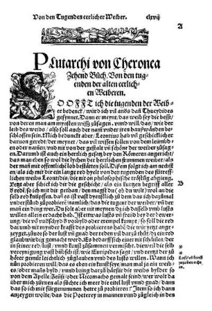 Plutarchi von Cheronea Zehend Büch. Von den tugenden der alten eerlichen Weiberen.