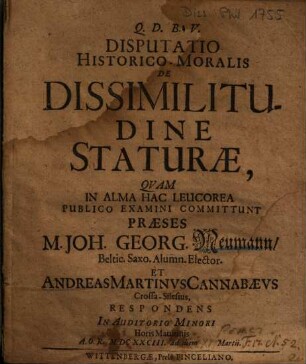 Disputatio Historico-Moralis De Dissimilitudine Staturae
