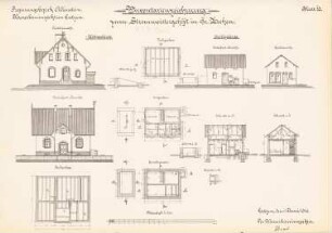 Stauanlage im Jeglinner Kanal, Groß Zechen: Strommeistergehöft: Ansichten, Grundrisse, Schnitte 1:100