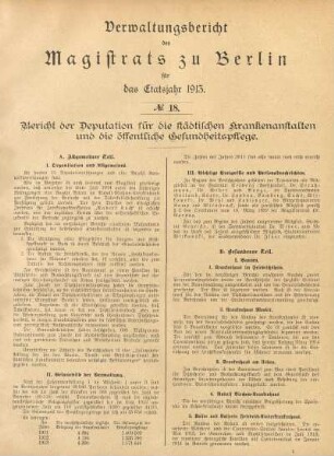 No. 18. Bericht der Deputation für die städtischen Krankenanstalten und die öffentliche Gesundheitspflege
