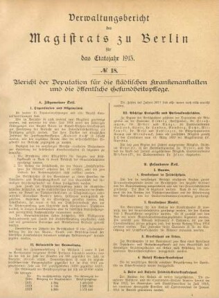 No. 18. Bericht der Deputation für die städtischen Krankenanstalten und die öffentliche Gesundheitspflege