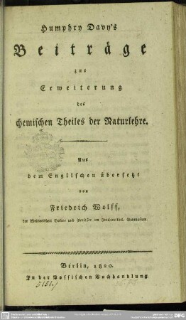 Humphry Davy's Beiträge zur Erweiterung des chemischen Theiles der Naturlehre