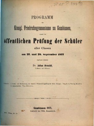 Programm des Königl. Friedrichsgymnasiums zu Gumbinnen : für das Schuljahr .., 1876/77