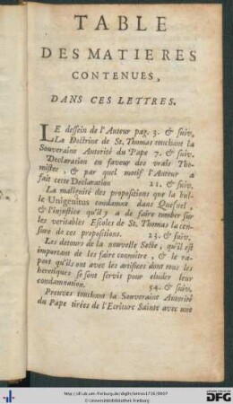 Table Des Matieres Contenues, Dans Ces Lettres.