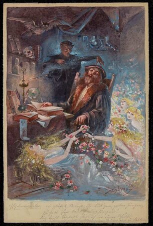 Mephistopholes und die Geister beim schlafenden Faust in der Studierstube. Illustrationen zu Goethes Faust