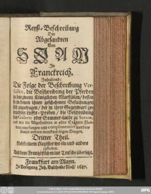 Reyß-Beschreibung Der Abgesandten von Siam In Franckreich.