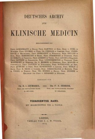 Deutsches Archiv für klinische Medizin. 14. 1874