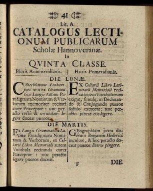 Lit. A. Catalogus Lectionum Publicarum ...