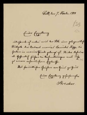 123: Brief von Otto Strecker an Gottlieb Planck, Celle, 7.11.1908