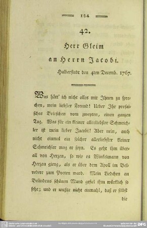 42. Herr Gleim an Herrn Jacobi. Halberstadt den 4ten Decemb. 1767