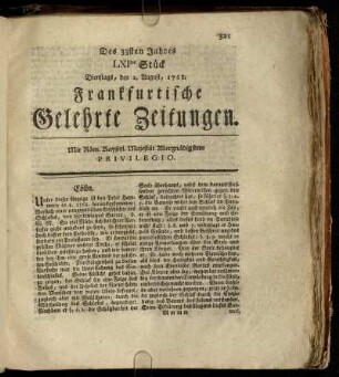 LXItes Stück Dienstags, den 2. August, 1768. - LXXtes Stück Freytags, den 2. September, 1768.
