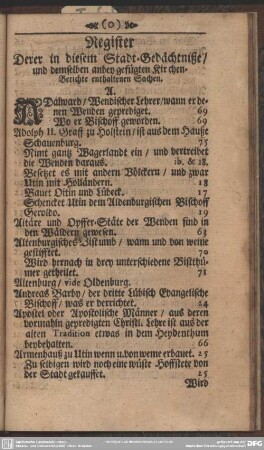 Register Derer in diesem Stadt-Gedächtniße, und demselben anbey gefügten Kirchen-Berichte enthaltenen Sachen