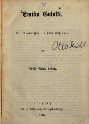 Emilia Galotti : Ein Trauerspiel in fünf Aufzügen von Gotth. Ephr. Lessing
