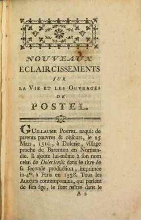 Nouveaux Eclaircissements sur la vie de Guil. Postel