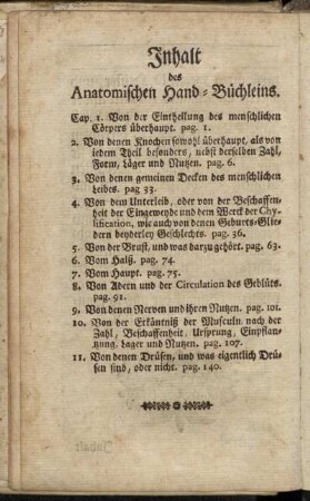 Inhalt des Anatomischen Hand-Büchleins.