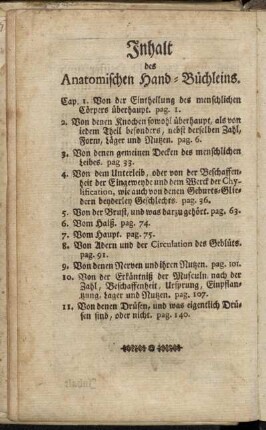 Inhalt des Anatomischen Hand-Büchleins.