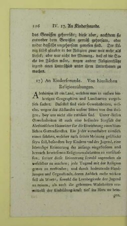 17) An Kinderfreunde. Von häuslichen Religionsübungen