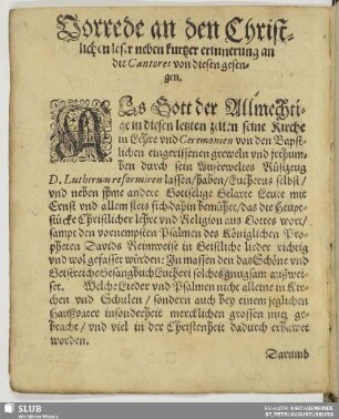 Vorrede an den Christlichen Leser ...