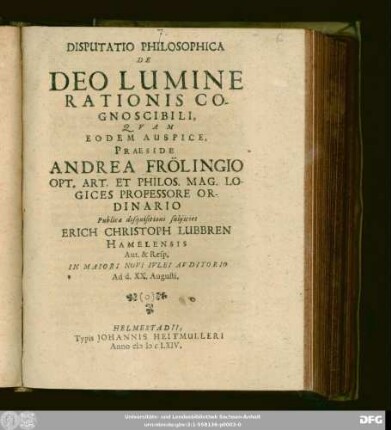 Disputatio Philosophica De Deo Lumine Rationis Cognoscibili