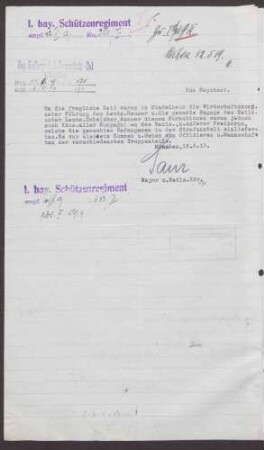 Antwortschreiben des 1. bayrischen Schützenregiments mit Nennung der in Stadelheim anwesenden Offiziere und Formationen