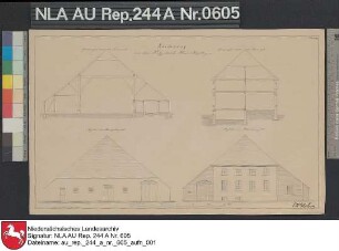 Giebelansichten und Querprofile vom Platzgebäude der Domäne Klein-Heiselhusen bei CAMPEN Kolorierte Zeichnung von H. Balke Papier Format 44,2x27,0 M 1:161