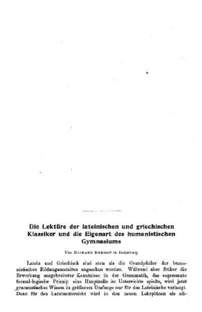 Die Lektüre der lateinischen und griechischen Klassiker und die Eigenart des humanistischen Gymnasiums