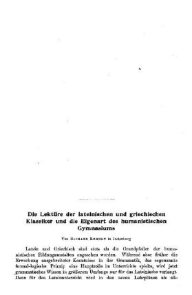 Die Lektüre der lateinischen und griechischen Klassiker und die Eigenart des humanistischen Gymnasiums