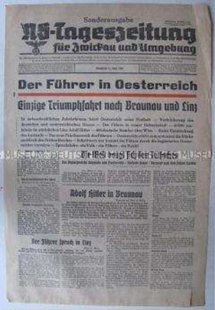 Sonderausgabe der "NS-Tageszeitung für Zwickau und Umgebung" zum Auftritt Hitlers in Österreich nach dem Einmarsch der Wehrmacht