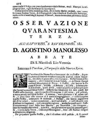 Osservazione Quarantesima Terza all'Illustriss. et Reverendiss. Sig. D. Agostino Manolesso ....