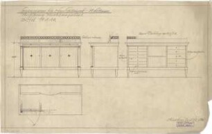 Littmann, Max; Bocksberg; Hofgut, Landhaus - Möbel im Speisezimmer für Herrn Geheimrat (Grundriss, Ansichten)