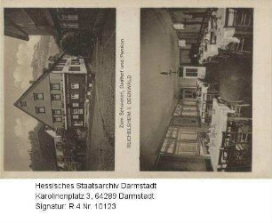 Reichelsheim im Odenwald, Gasthof und Pension 'Zum Schwanen' (Inhaber J. Treusch) / Außenansicht und Interieur (Gaststube)