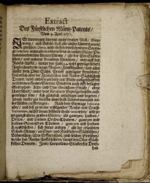Extract Des Fürstlichen Müntz-Patents/ Vom 9. April. 1670.