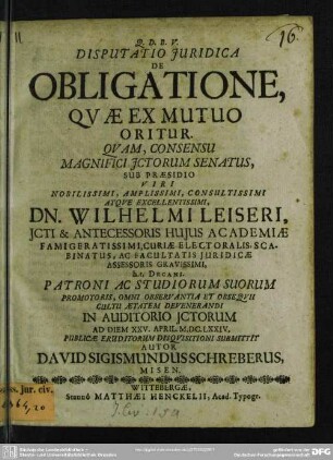 Disputatio Juridica De Obligatione, Qvae Ex Mutuo Oritur
