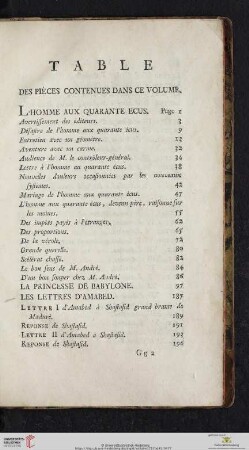 Table des pièces contenues dans ce volume