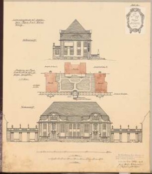Erziehungsheim Schinkelwettbewerb 1909: Lehrerwohngebäude mit Schülerheim, Typus A mit Vertikalteilung. Ansichten 1:150, Lageplan mit Hausgarten 1:500